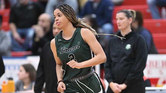 Laurel's Saniyah Hall gets introduced prior to a game against Purcell Marian on January 16, 2023